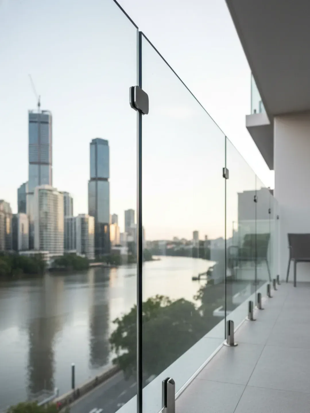 Frameless glass balustrades west end with toughened safety glass and stainless spigots for uninterrupted views.