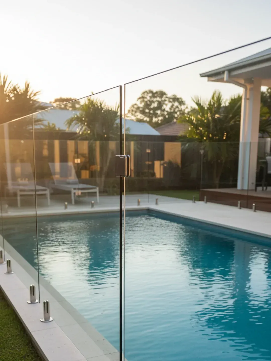 Frameless glass pool fencing system west end using 12mm toughened safety glass for clear visibility and pool safety compliance.